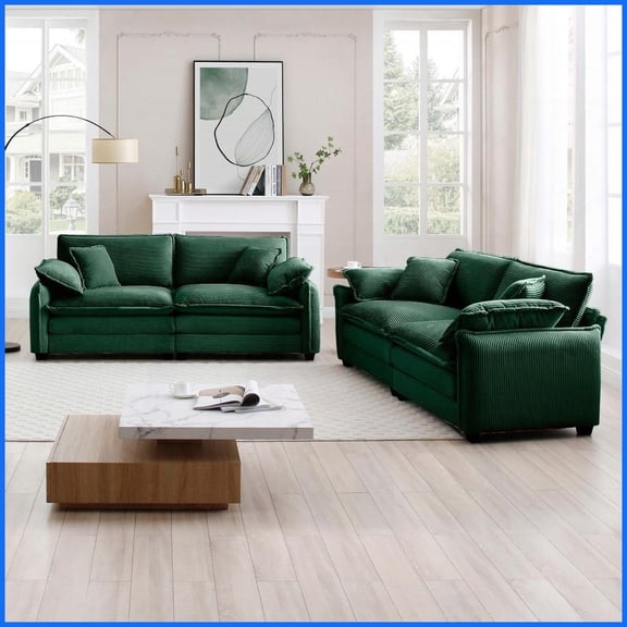 Modern Retro 2-Piece 2-Seater Sofa Set, Green Corduroy Fabric, for Living Room & Bedroom with Cloud-Like Comfort