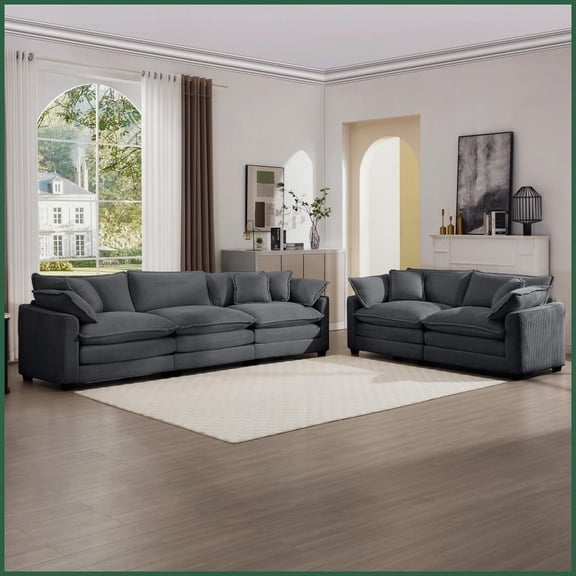 Modern Retro 2-Piece 2-Seater Sofa Set - Grey Corduroy Fabric with Deep Seat Memory Foam Cushions for Living Room