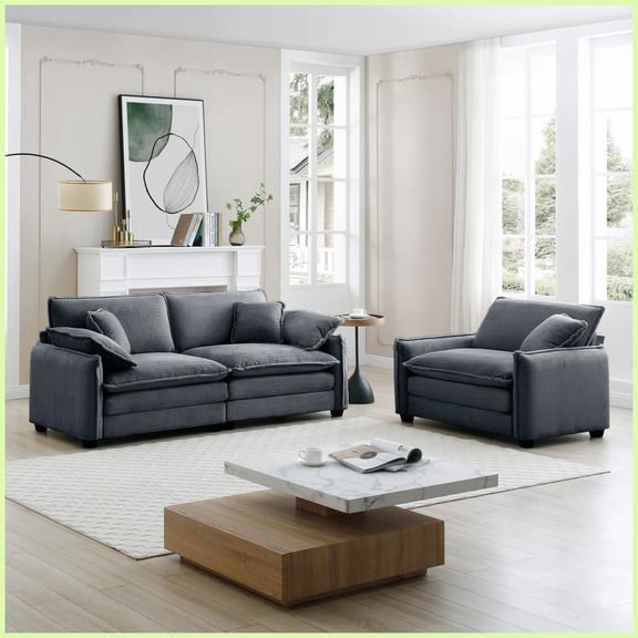 Modern Retro 2-Piece Living Room Sofa Set - Grey Corduroy, Ergonomic Comfort for Small Apartments & Spaces