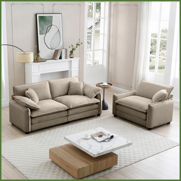 Modern Retro 2-Piece Sofa Set - Tan Corduroy, 1-Seat + 2-Seat for Small Apartments & Living Rooms