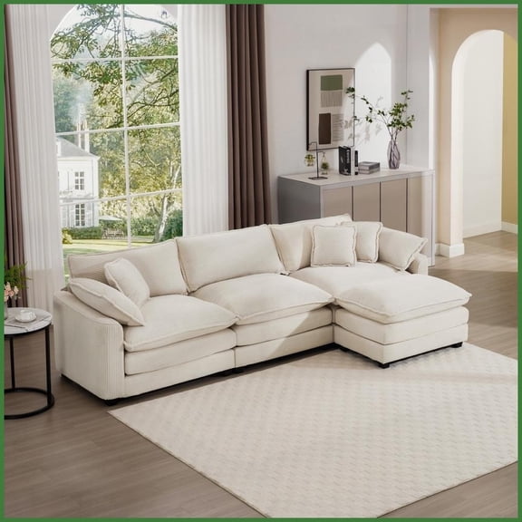 Modern Retro 3-Seat Modular Sectional Sofa with Ottoman - Light Beige Corduroy for Living Room