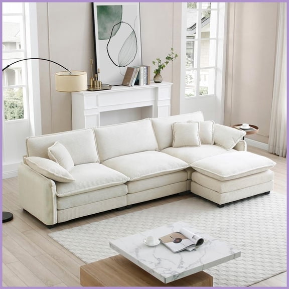 Modern Retro 3-Seater L-Shaped Corduroy Sofa with Ottoman for Living Room