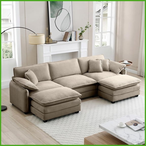 Modern Retro 3-Seater Modular Sofa with Convertible Ottomans - Camel Corduroy Fabric for Living Room Comfort