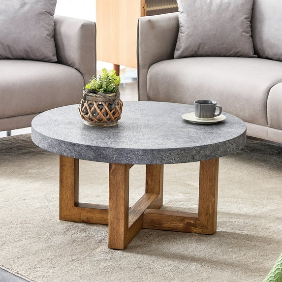 Modern Retro 31.4" Gray Textured MDF Round Coffee Table with Sturdy Crossed Legs for Living Room