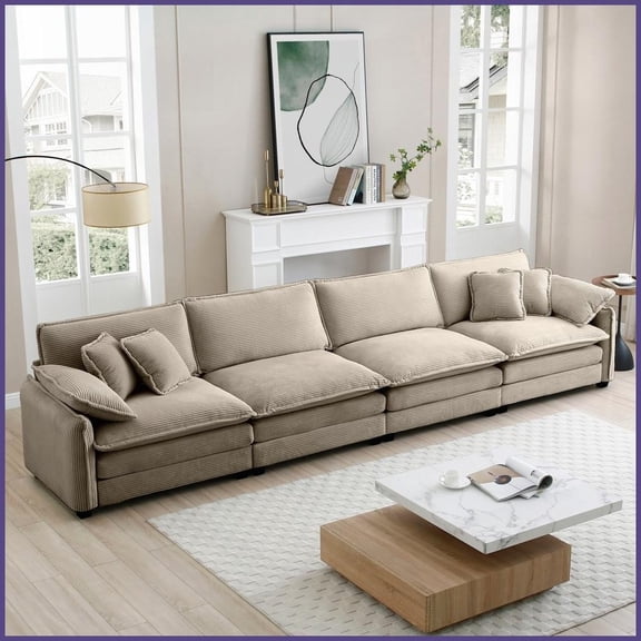 Modern Retro 4-Seater Corduroy Sofa with Pillows - Comfortable Upholstered for Living Room & Office