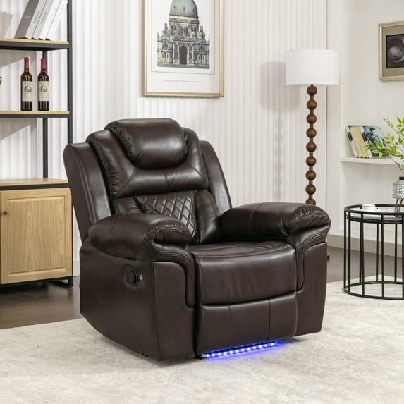 Modern Retro Breathable Artificial Leather Manual Recliner, Multi-angle Adjustable Home Theater Recliner with LED Light Bar Brown