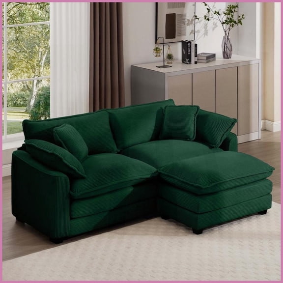 Modern Retro Corduroy Two-Seater L-Shaped Sofa with Ottoman – Compact for Small Living Spaces, Green