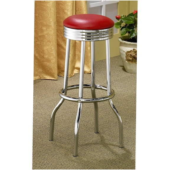 Modern Retro Counter Height Stools, Set of 2 with Red Faux Leather Seat & Chrome Base