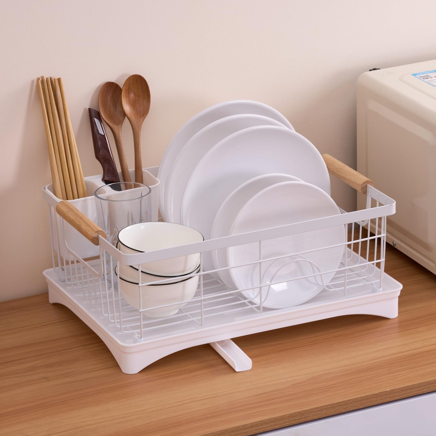 Modern Retro Dish Drainer Rack with Beechwood Handles - White Drying ...