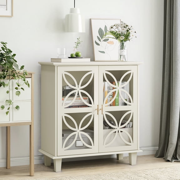 Modern Retro Freestanding Bathroom Cabinet - Tempered Glass Doors and 2-Door Decorative Storage Console, Cream Color