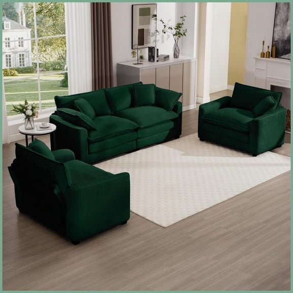 Modern Retro Green Corduroy Sofa Set 1 2-Seater + 2 Single Sofas for Living Room & Home Theater with Plush Comfort