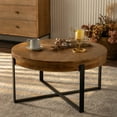 thumbnail image 1 of Modern Retro Splicing Round Coffee Table,with Cross Legs Metal Base Natural+Black-33.86"(L)*33.86"(W)*17.72"(H), 1 of 5