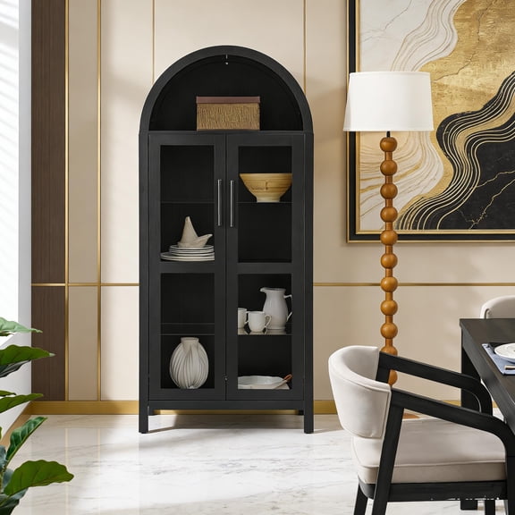 Modern Retro Storage Cabinet with Arched Design, Built-In Lamp, Adjustable Glass Shelves, Multi-Purpose Cabinet for Kitchen or Dining Room