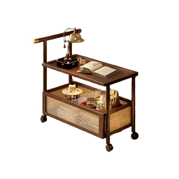 Modern Retro-Style Wooden Tea Cart with Golden Accents and Wheels, Two-Tier Mobile Side Table for Home and Kitchen
