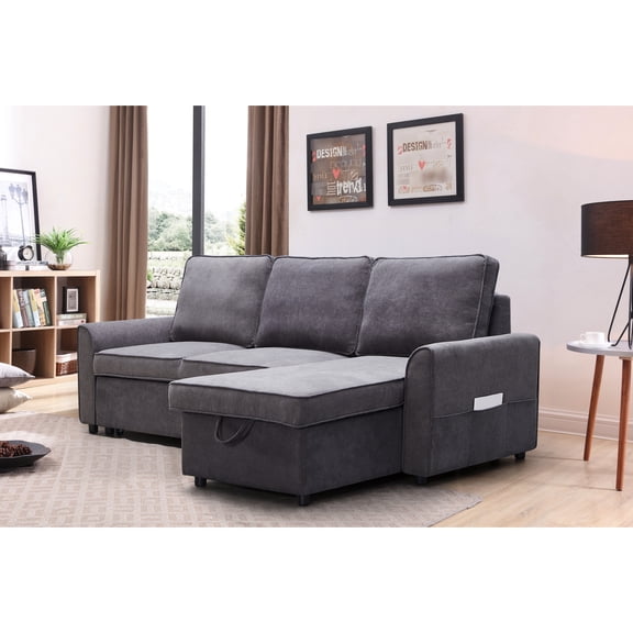Modern Reversible Bed, With Chaise And Pull-out Storage, 4 Dark Grey Linen Fabric For Living Room