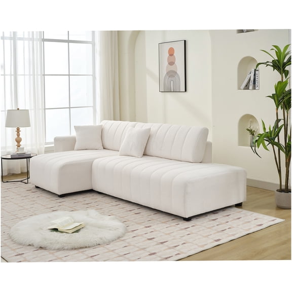 Modern Reversible Sectional Sofa with Tufted Back and Plush Pillows, Beige Wool