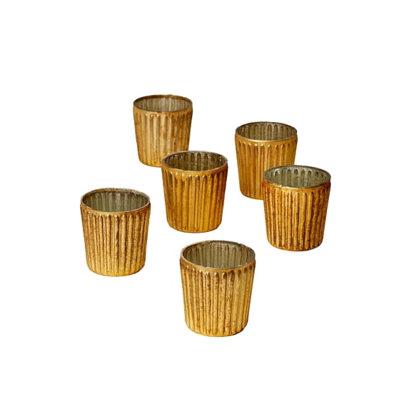 Modern Ribbed Amber Glass Votive Holder - 2.75" Tall, Set of 6