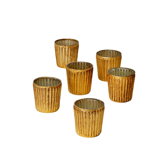Modern Ribbed Amber Glass Votive Holder - 2.75" Tall, Set of 6