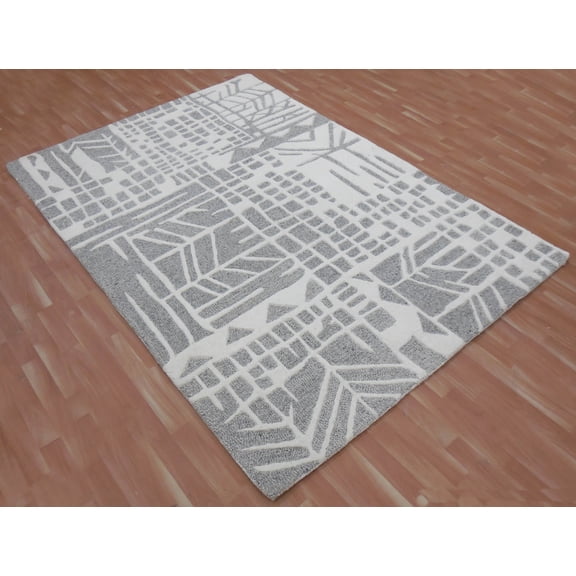 Modern Rich Wool Area Rug 7x9 ft Hand Tufted Grey & White by MystiqueDecors Family Media Dining Living Room Bedroom Kids Room Rugs