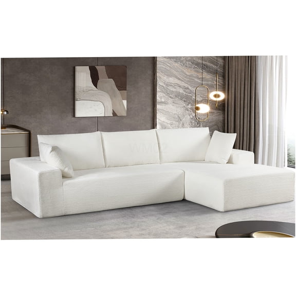 Modern Right-Facing Convertible Sleeper Sofa, Ivory Corduroy Upholstery with Full Foam, No-Tools Assembly Free Sectional Couch