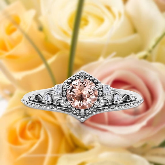Modern Ring Art Deco 1.50 Carat Round Cut Morganite And Diamond Moissanite Crown Engagement Ring, Wedding Ring in 925 Sterling Silver With 18k White Gold Plating, Promise Rings, Anniversary Ring