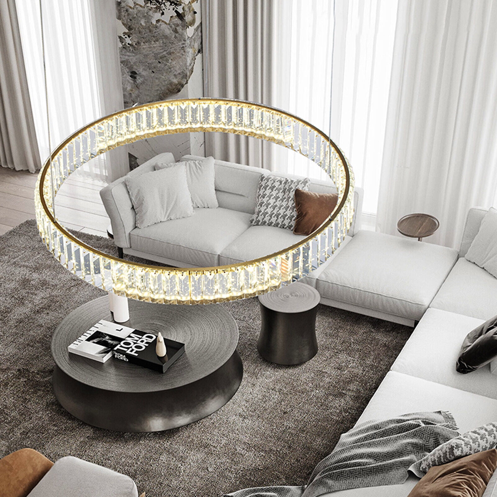 Modern Ring Crystal Chandelier LED Chrome Pendant Light Hanging Lamp ...