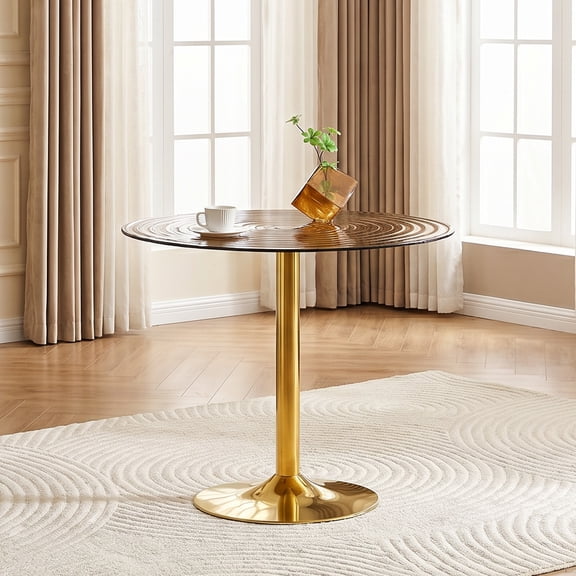 Modern Ring Glass Round Dining Table with Gold Metal Pillar, for Living Room, Dining Room, Brown