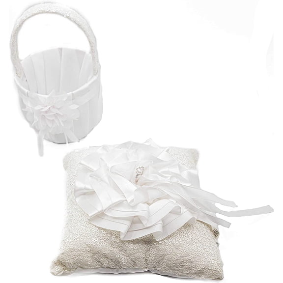 Modern Ring Pillow With Matching Flower Basket Wrapped in White Lace Fabric With Ribbon