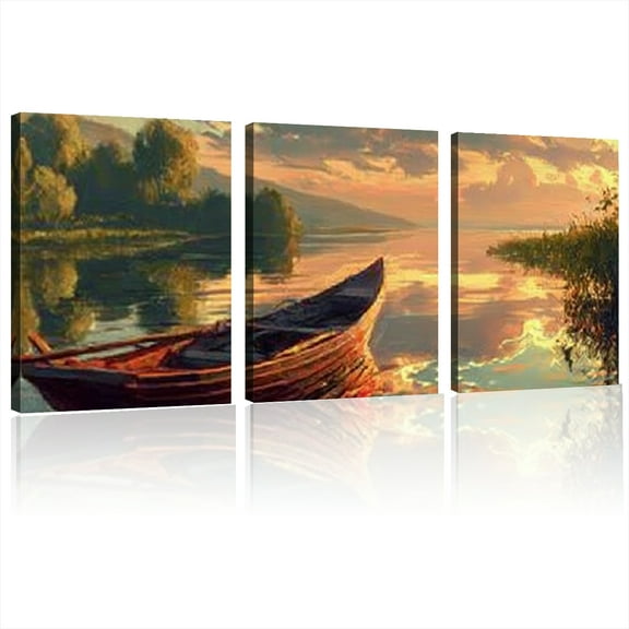 Modern Riverside Dusk Canvas Art Print - Serene Boat & Golden Sunset Reflection Wall Decor for Living Room, Bedroom, Office - Vibrant Landscape Painting with Warm Hues 2D Flat 12*16inch*3pcs