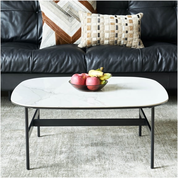 Modern Rock Beam Ceramic Coffee Table for Living Room, Small Square Center Table with Easy Assembly in Black and White