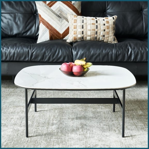 Modern Rock Beam Ceramic Coffee Table for Living Room: Spacious Low Square, Easy Clean & Quick Assembly