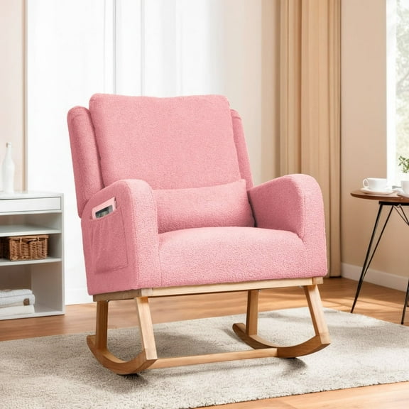 Modern Rocking Chair, Rocking Chair Nursery with 1 Lumbar Pillow and 2 Side Pockets, Soft Padded Nursery Rocking Chairs for Indoor Living Room Bedroom, Pink