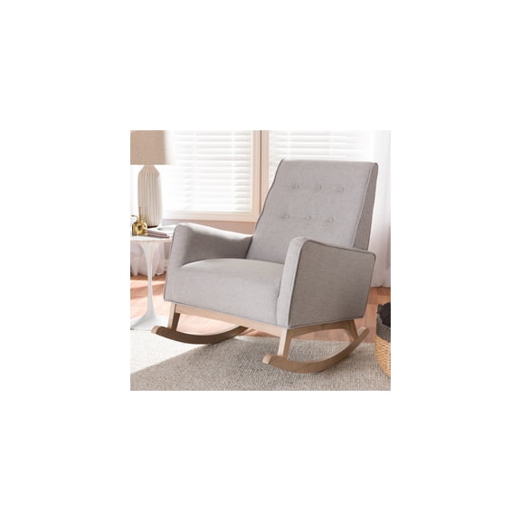 Modern Rocking Chair - Greyish Beige Upholstered - Whitewash Wood Frame
