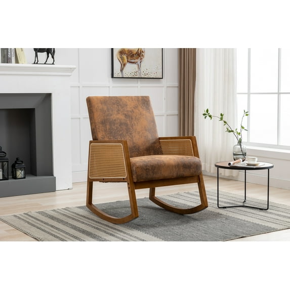 Modern Rocking Chair,Mid Century Modern Glider Chair Faux Leather Upholstered Rattan Chair,Single Accent Chair with Wood Arm Rests for Living Room Bedroom Office,Coffee