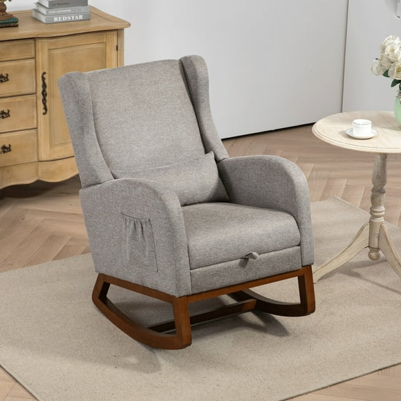 Modern Rocking Chair for Nursery, Mid-Century Design with Retractable Footrest & Side Pocket Storage, Wooden Frame Upholstered Wingback Glider for Living Room & Baby Room Use, Taupe Color
