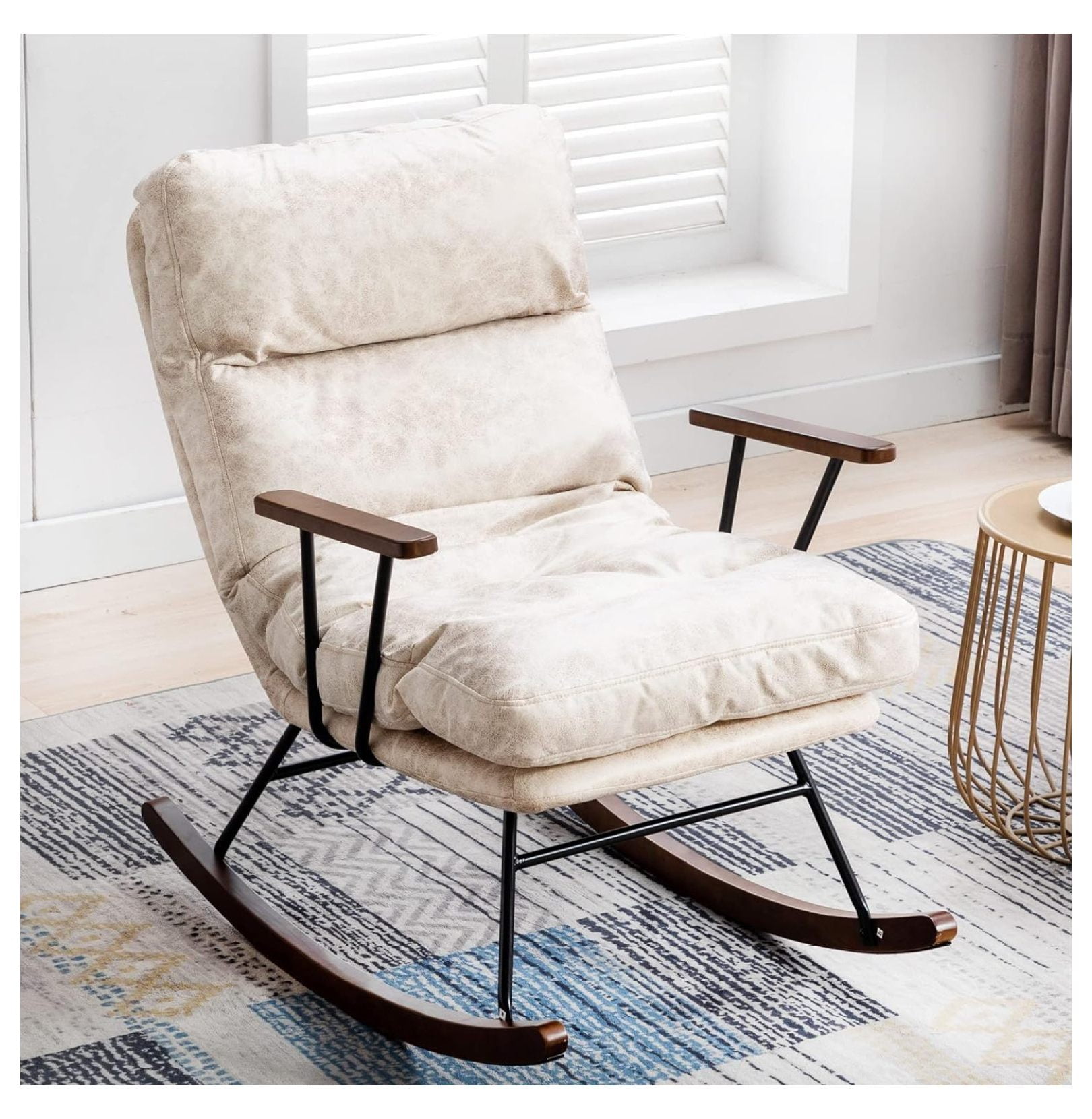 Modern Rocking Chair Nursery with Wood Arms, PU Leather Overstuffed