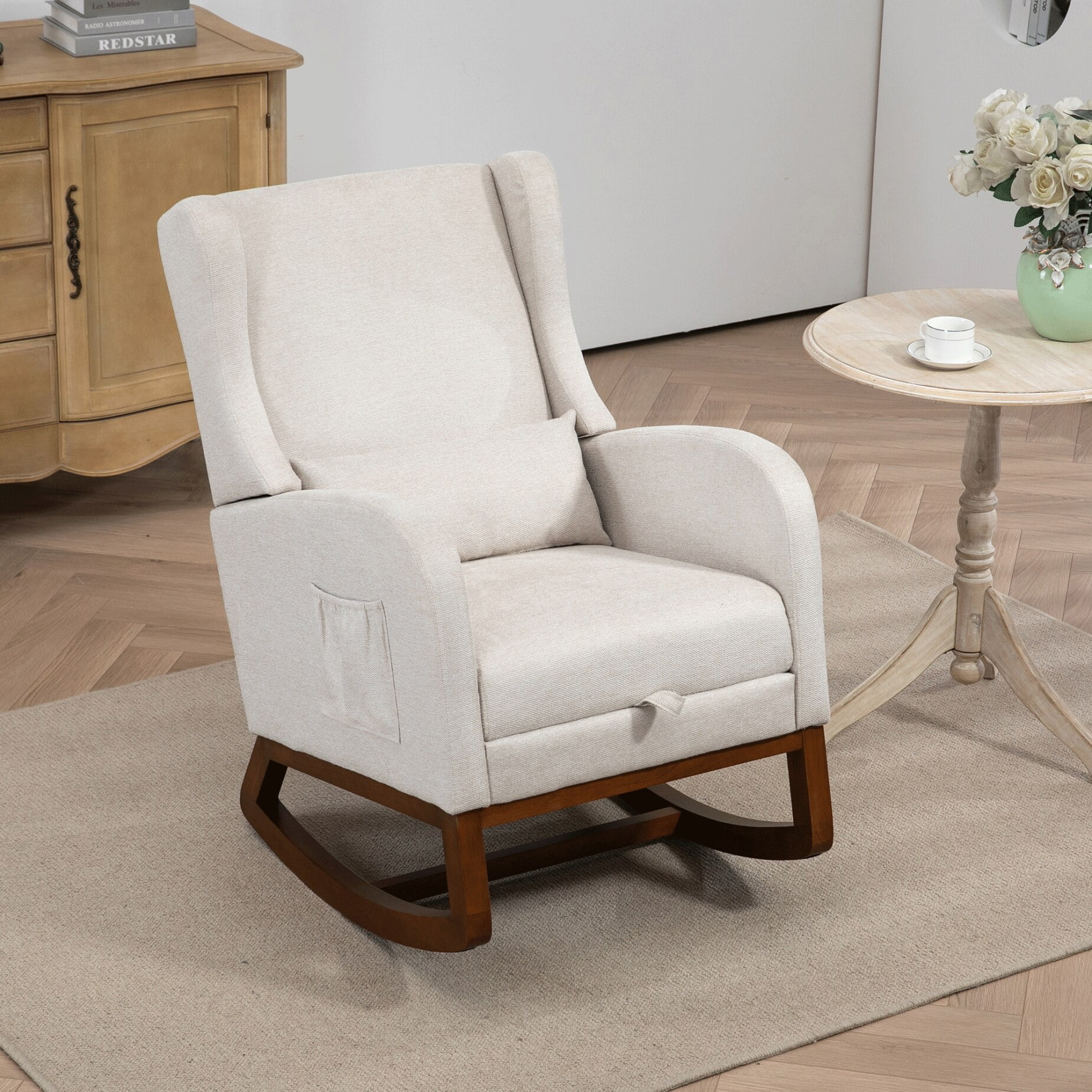 Modern Rocking Chair with Retractable Footrest & Side Pocket, Comfortable Upholstered Wingback Glider for Nursery and Living Room, Sturdy Wood Frame, Beige