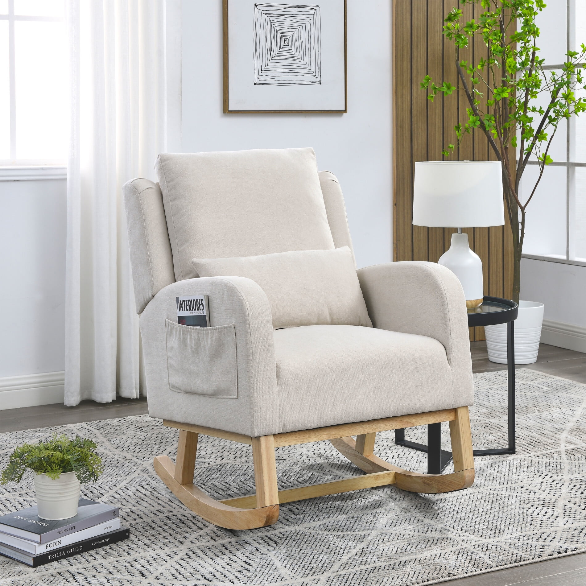 Modern Rocking Chair with S spring Backrest Accent Armchair with Two Pockets and Lumbar Pillow Glider Rocker Chair with Wood Base for Living Room