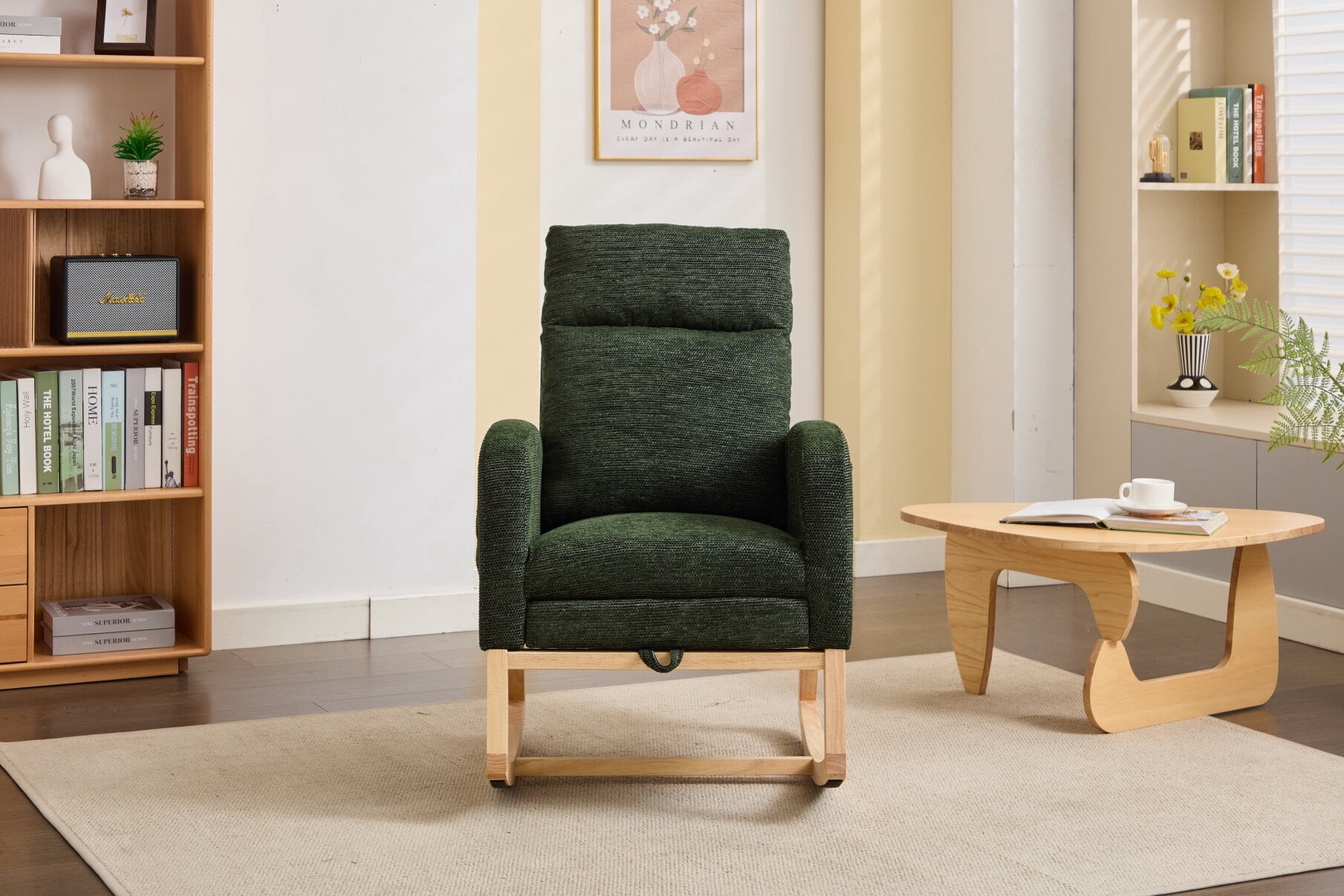 Modern Rocking Chair with Solid Wood Frame & High-Density Cushioning, Nursery Glider with Side Pocket, Breathable Fabric Lounge Armchair for Living Room Comfort & Baby Nurture