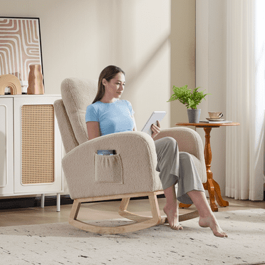 Modern Rocking Chair, Upholstered Nursery Glider with Solid Wood Legs, High Back Armchair for Living Room, Nursery, Bedroom, 300lbs Capacity, Side Pocket, Beige,teddy