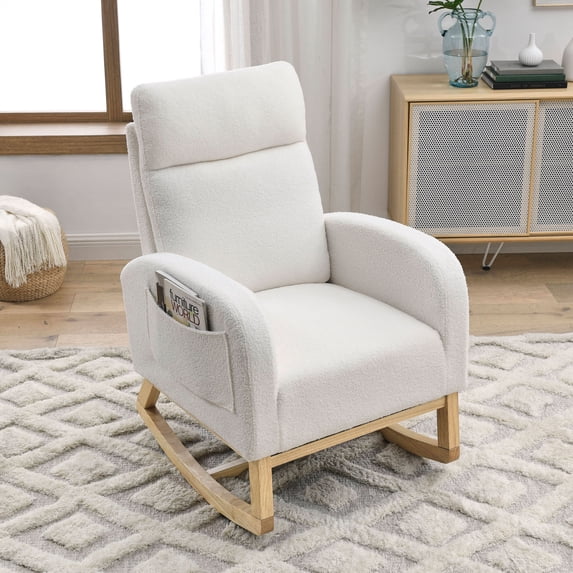 Modern Rocking Chair for Nursery,Accent Glider Chair with High Backrest & Two Side Pockets & Solid Wood Legs,Teddy White