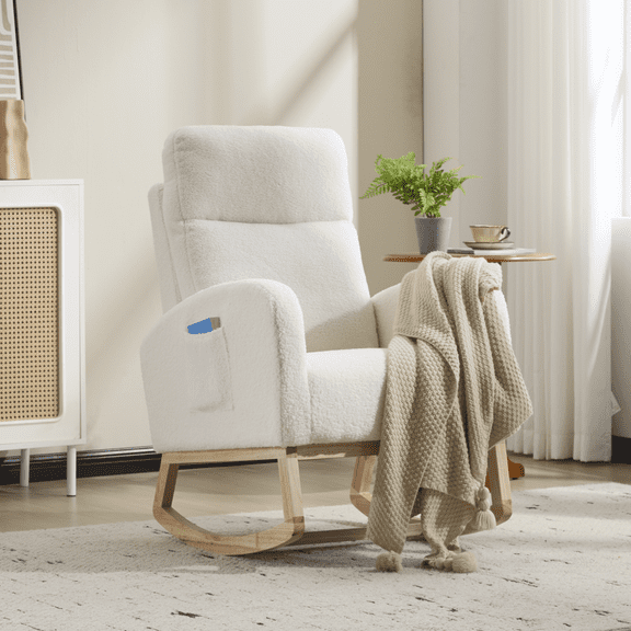 Modern Rocking Chair with High Backrest, Side Pocket, Upholstered Nursery Glider for Living Room, White