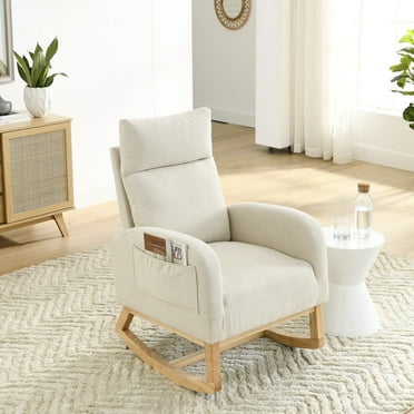 Modern Rocking Glider Chair, Fabric Upholstered Accent Rocker Chair with High Backrest and Armrests, Leisure Single Sofa with Wooden Legs and Side Pockets, for Living Room Bedroom Office, Beige