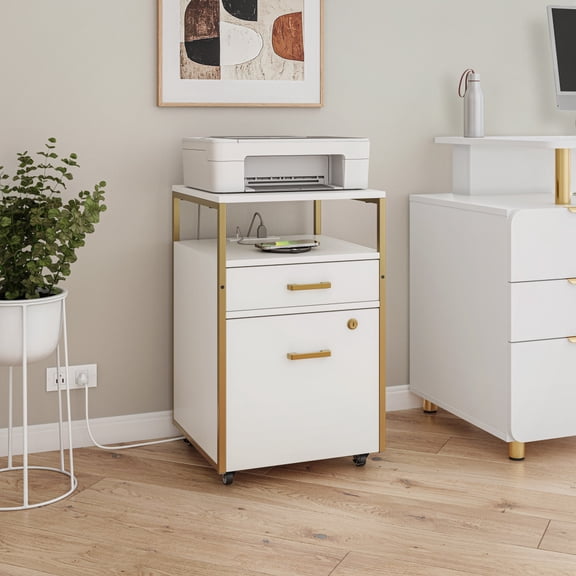 Modern Rolling 2-Drawer File Cabinet with Lock, Mobile Printer Stand with Power Outlet and 2 USB Charging Ports, Under Desk Small Filing Cabinet with Locking Wheels for Letter Size, White & Gold