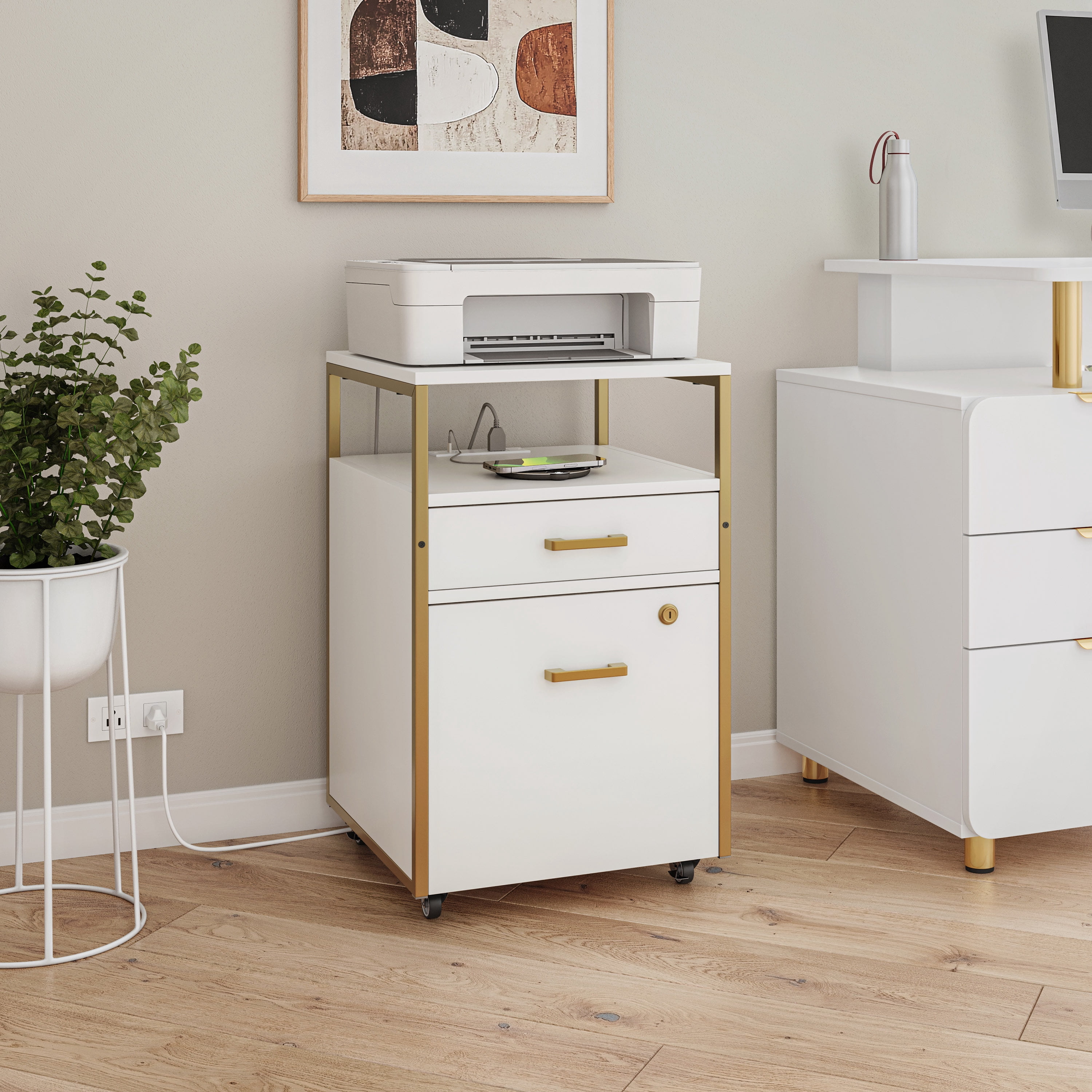 Modern Rolling 2-Drawer File Cabinet with Lockable File Drawer, Built-in Power Outlet & 2 USB Charging Ports, Lockable Casters Mobile Office Document Storage Cabinet