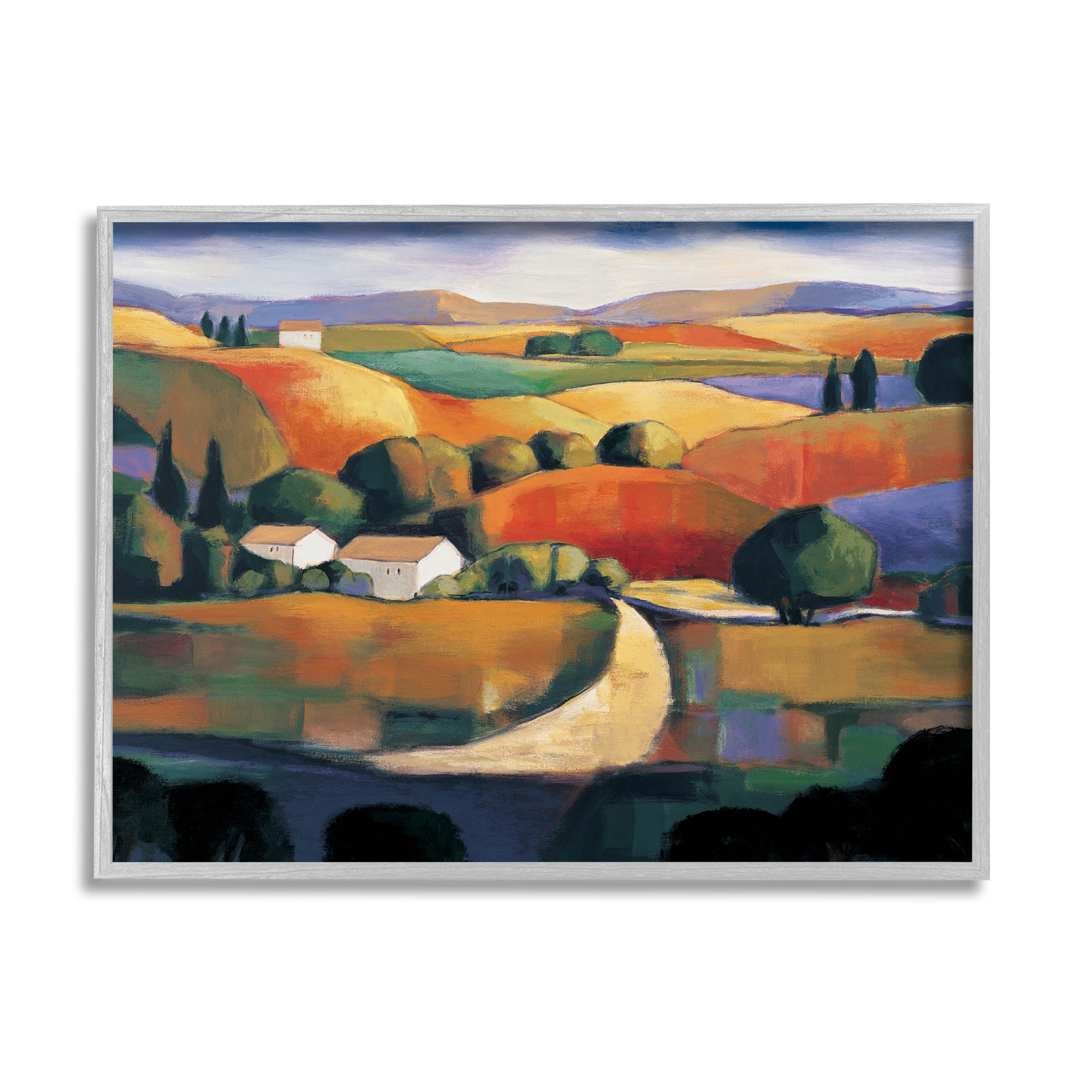 Gray Framed Modern Rolling Hills Countryside Landscape Painting Print