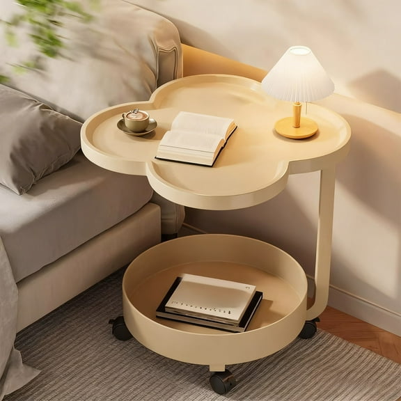 Modern Rolling Side Table, 2-Tier Mobile Coffee Table with 4-Leaf Symmetrical Design, Iron Frame, PP Waterproof Material, Locking Silent Casters, Small Space Living Room & Bedroom Furniture
