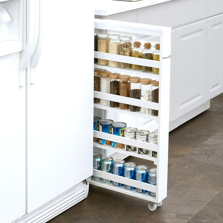 Modern White Rolling Spice and Can Storage Racks with Shelves
