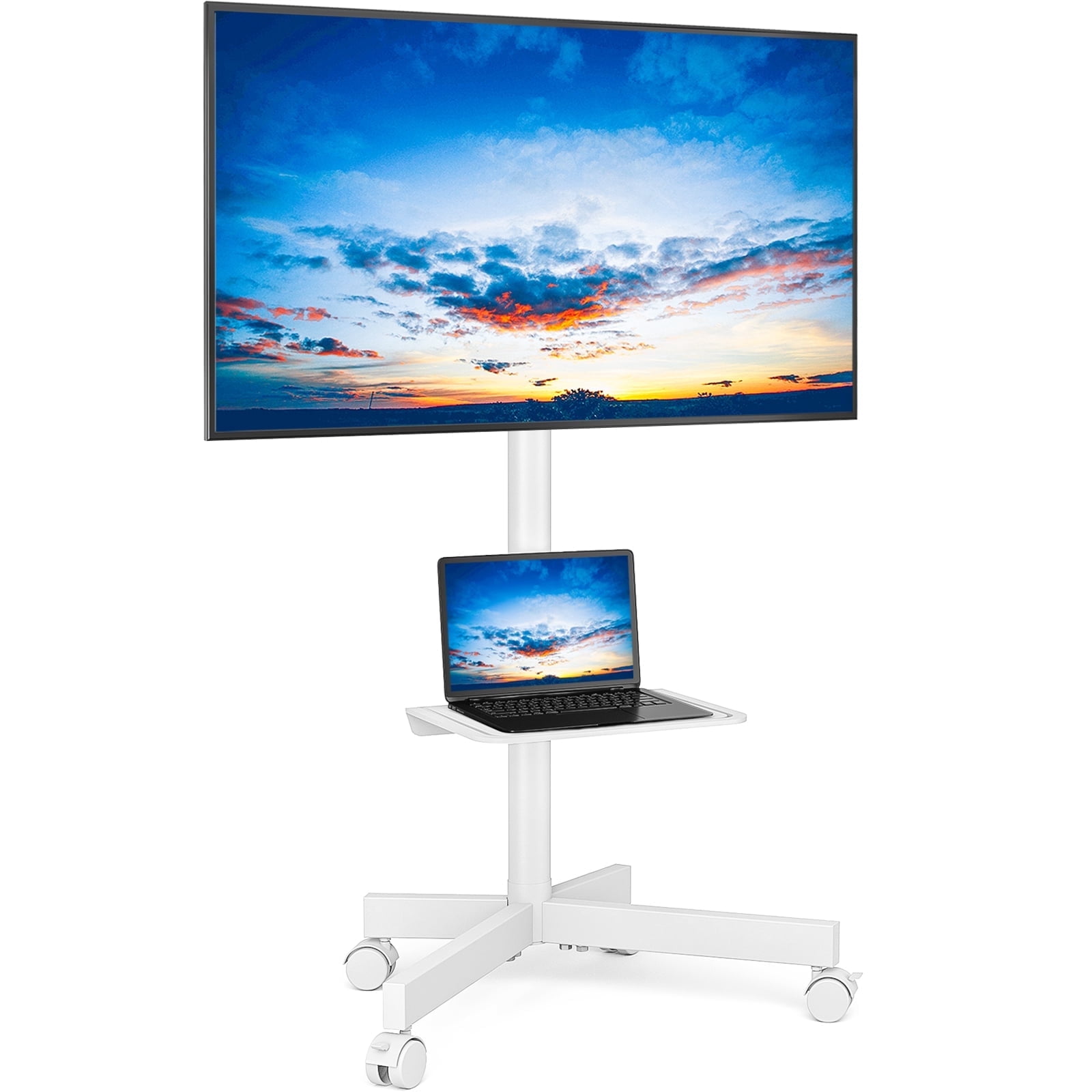 TAVR Furniture Modern Rolling TV Stand, Mobile TV Cart with Shelf for 23 to 60 inch Flat TVs, White