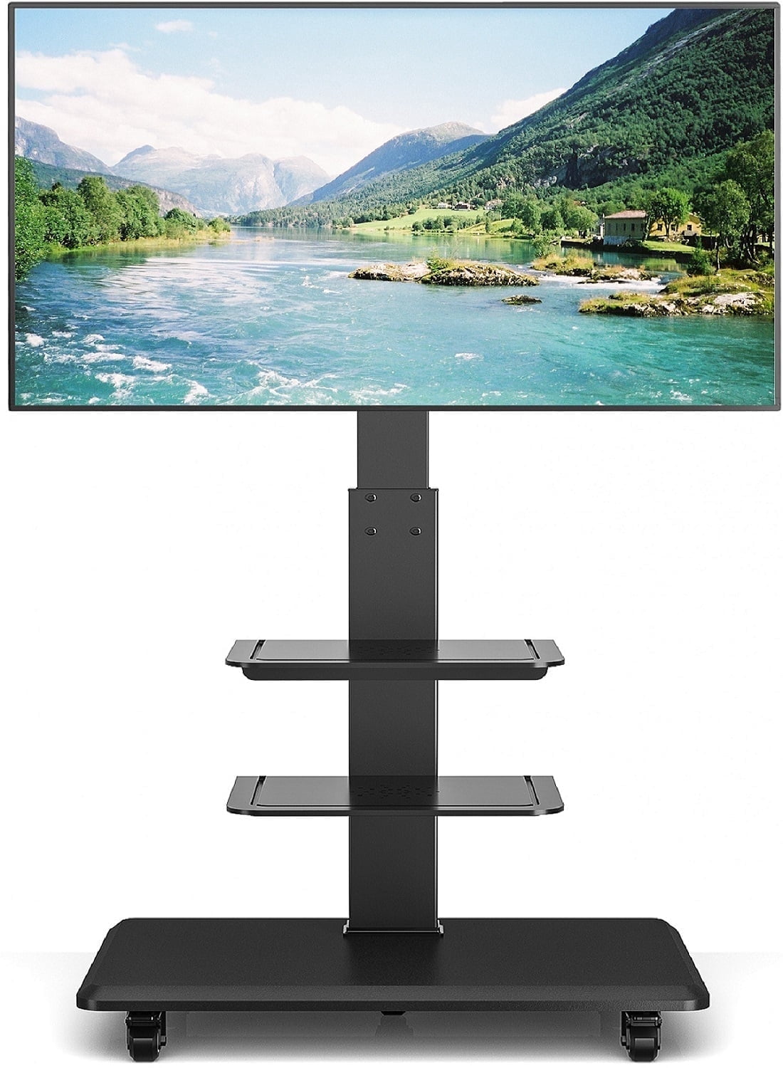 RTVR Modern Rolling TV Stand for Flat Screens up to 85 inch, 3 Shelves Mobile Swivel Tall TV Cart Home Office, Black
